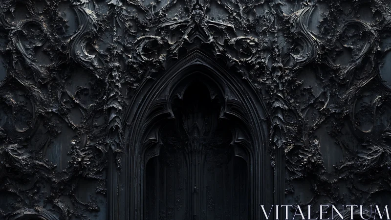 Gothic black archway with baroque organic reliefs detailed.