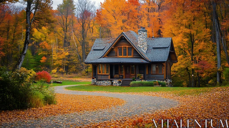 Rustic log cabin with stone chimney in vivid autumn woodland