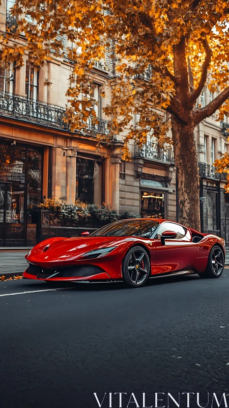 Red sports car parked on city street under autumn tree.