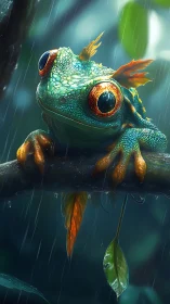 Rain-kissed dragon frog clings to a glowing jungle branch.