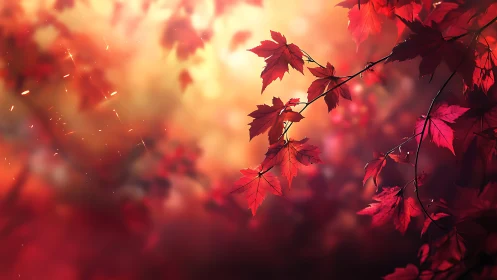 Crimson maple leaves glow against a dreamy autumn sunset.