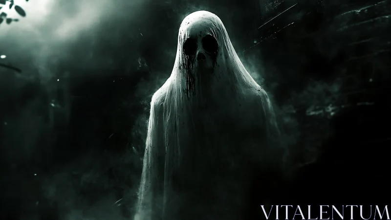 Hooded ghostly figure in dark misty alley at night.