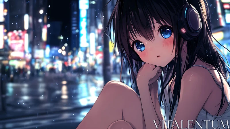 Melancholic anime girl with headphones in neon city rain
