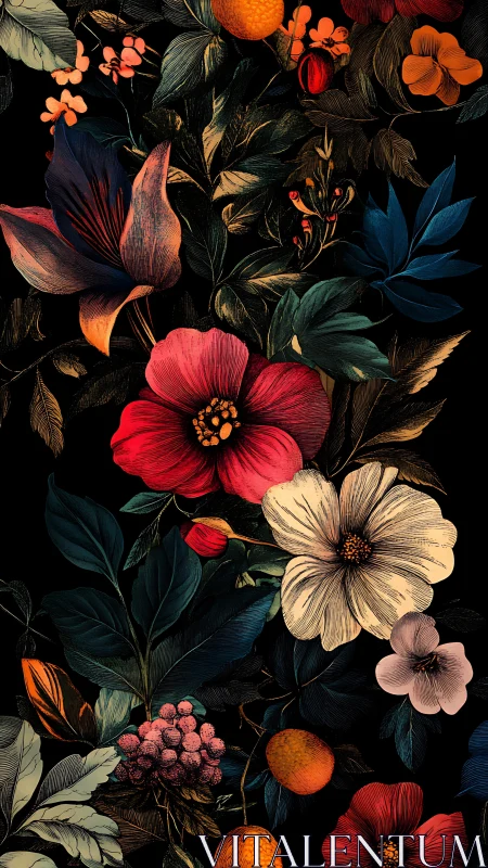 Botanical Illustration with Vibrant Flowers on Black Background.