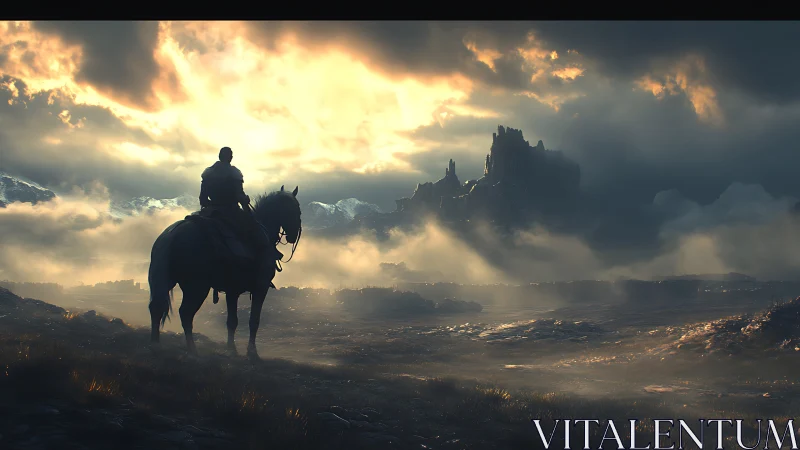 Solitary rider observing misty fortress at sunrise.