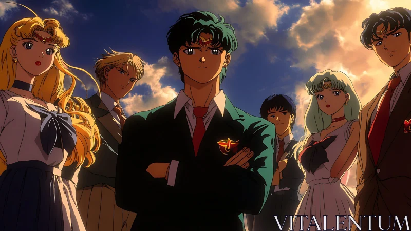 Confident anime friends standing strong under a glowing sky.