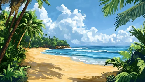 Tropical Beach Cove with Palm Framing and Ocean View.