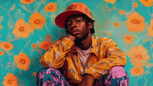 Stylized portrait of seated youth in chromatic floral layers.