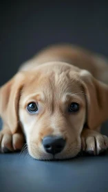 Golden puppy rests on floor with large expressive eyes