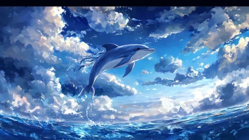 Energetic dolphin leaping high above vivid open ocean.