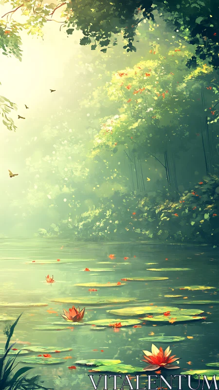 Sunlit forest pond with red lotus flowers and lilypads.