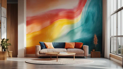 Sunlit sofa lounge against sweeping abstract color waves.