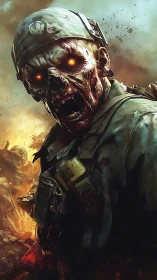 Undead soldier close-up rendered in high-contrast digital horror