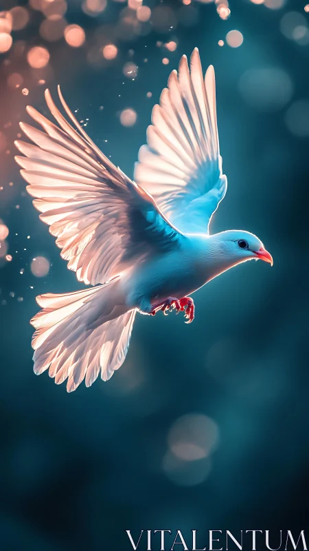 White dove in mid-flight against soft bokeh background.