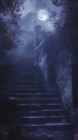 Moonlit stone staircase into a softly haunted night.