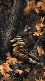 Autumn forest ducks rest among golden leaves peacefully.