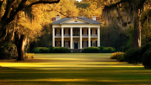 Southern plantation mansion framed by autumn oak trees.