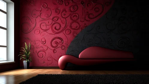 Curved crimson lounge quietly slices through swirling shadow wall