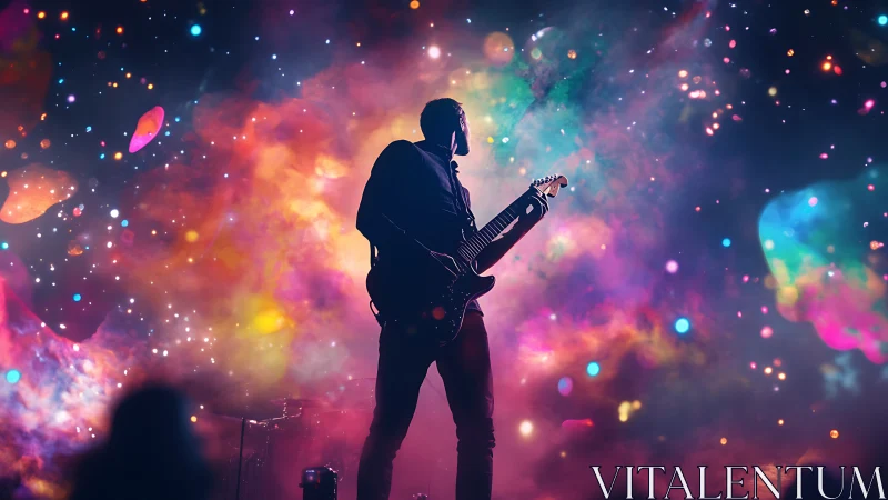 Silhouetted guitarist against vivid cosmic concert backdrop.
