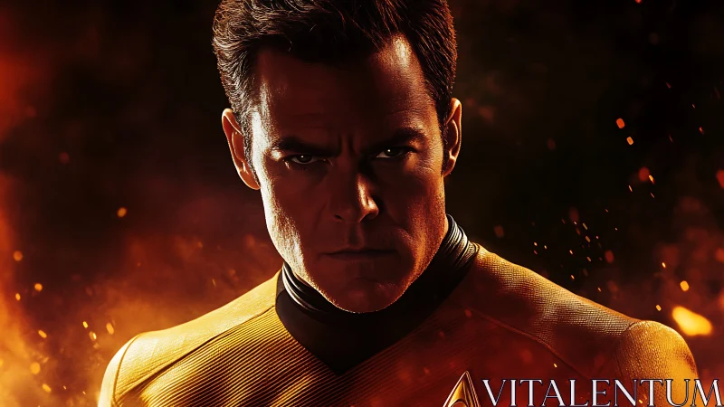 Determined space explorer framed by fiery cosmic glow.