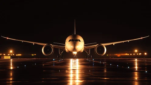 Passenger jet front view on wet runway at night, lights glow.