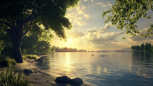 Sunlit lakeside shoreline under glowing evening sky.