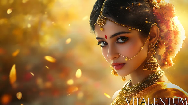 Bridal portrait in golden bokeh with ornate Indian jewelry.