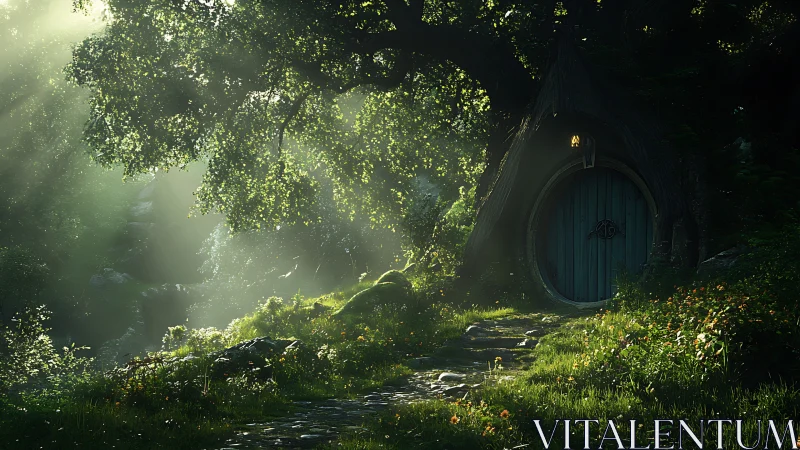 Forest hobbit door glows under dappled morning light.