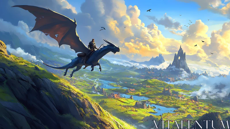 Dragon rider surveys luminous fantasy valley at sunrise.