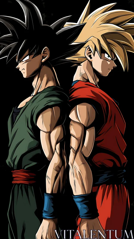 Back-to-back anime warriors rendered in bold cel-shaded contrast