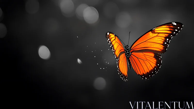 Vivid monarch butterfly glows against soft monochrome bokeh.