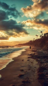 Cinematic coastal sunset with solitary figure and receding surf.