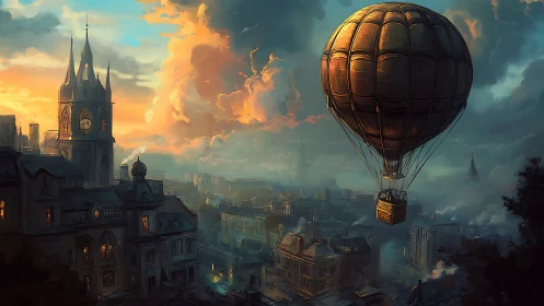 Sunlit airship drifts above misty steampunk city at dusk.