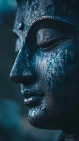 Quiet glow on a weathered serene bronze face at dusk.