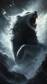 Mythic storm lion erupts from swirling midnight clouds.