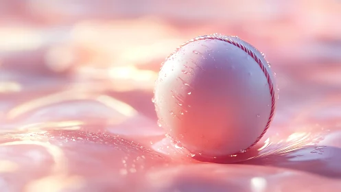 Pearlescent sphere on liquid pink surface with droplets.