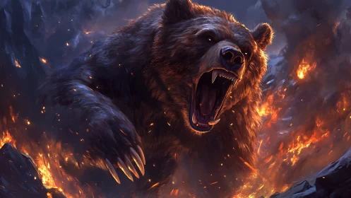 Ferocious bear lunging through molten wildfire inferno.