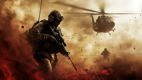 Combat troops advancing under helicopter in fiery battlefield.