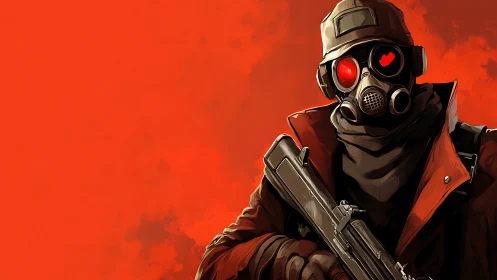 Post-apocalyptic soldier stands against blazing red void.