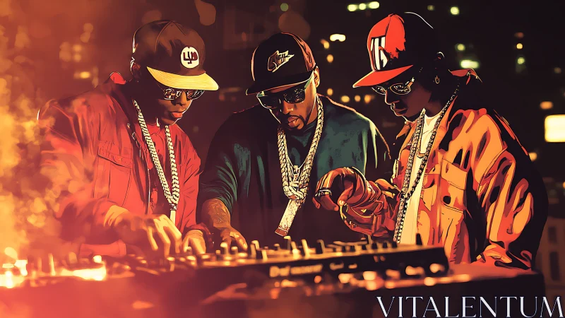 Nighttime DJ crew mixing beats in a glowing city haze.