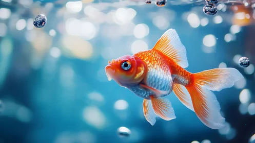 Vibrant goldfish glides through shimmering blue water light
