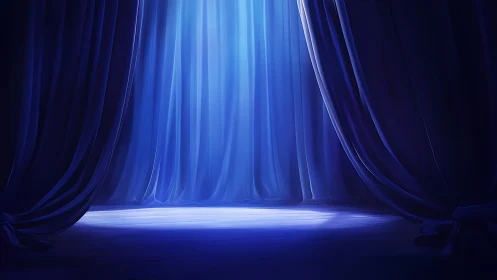 Blue stage curtains framing illuminated empty theatre space.