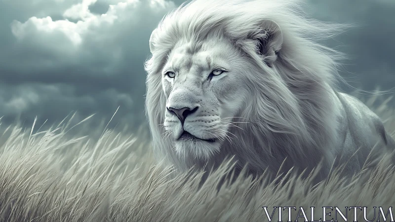 Monochromatic white lion rendered in high-detail digital painting