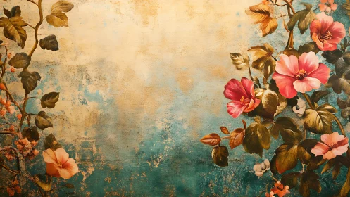 Floral vines on distressed teal and gold textured ground.