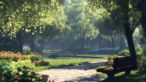 Sunlit garden promenade where quiet benches gather dreams.