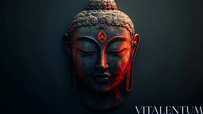 Ember-kissed Buddha face drifts through meditative shadow