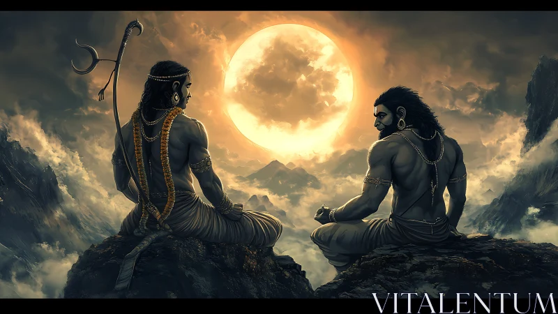 Divine warriors on cliffside ledge under colossal moon glow.