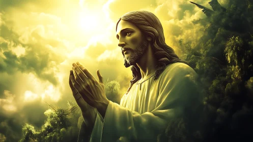 Backlit robed figure in prayer rendered with volumetric god rays