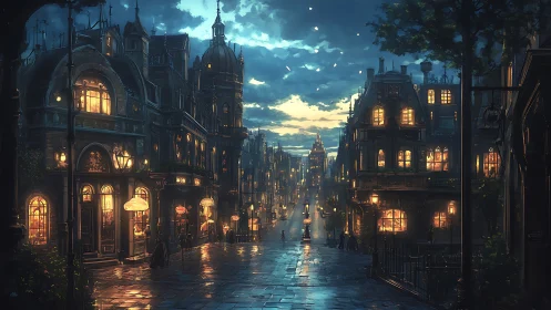 Nocturnal gaslit boulevard with neo-gothic facades and rain sheen.