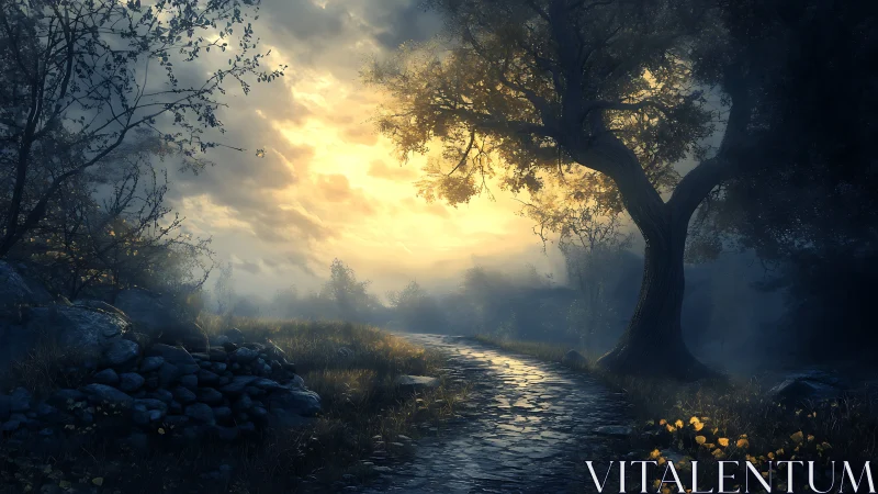 Stone path through wooded landscape at low sun angle.